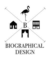 Logo for Biographical Design showing a directional square with a flamingo and three buildings