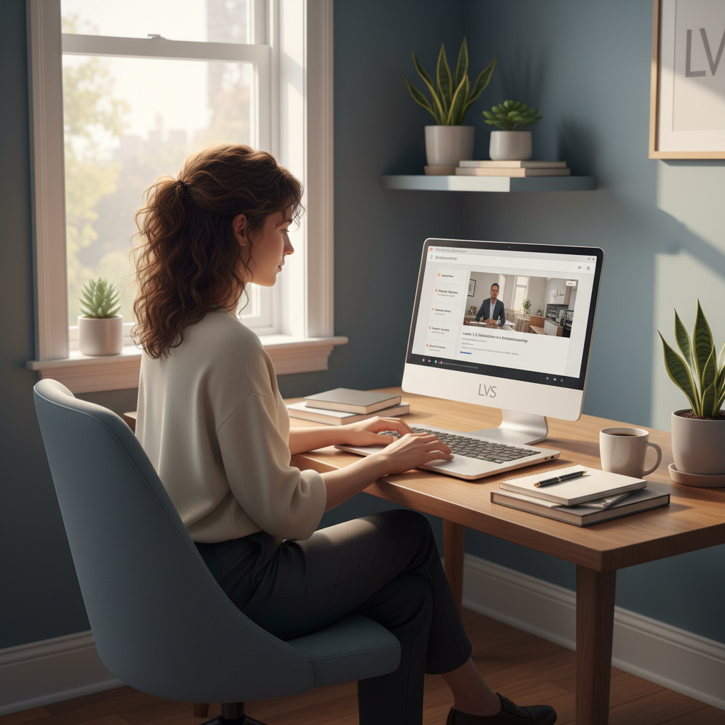 woman at tidy desk by sunny window