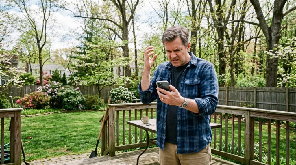 frustrated man holding cellphone on house back porch